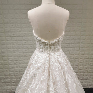 A-line Off the Shoulder Lace Applique Wedding Dress with Pearls - Rosymae