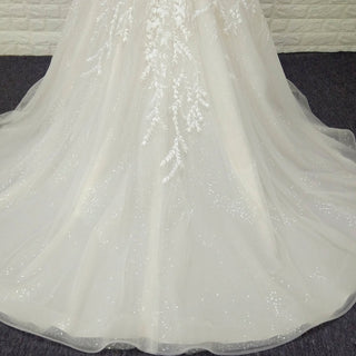 A-line Off the Shoulder Lace Applique Wedding Dress with Pearls - Rosymae
