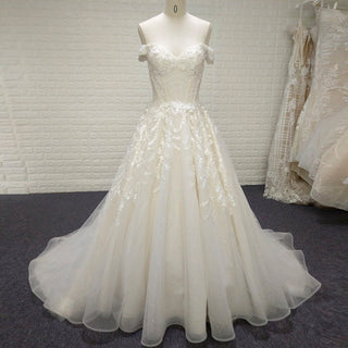 A-line Off the Shoulder Lace Applique Wedding Dress with Pearls - Rosymae