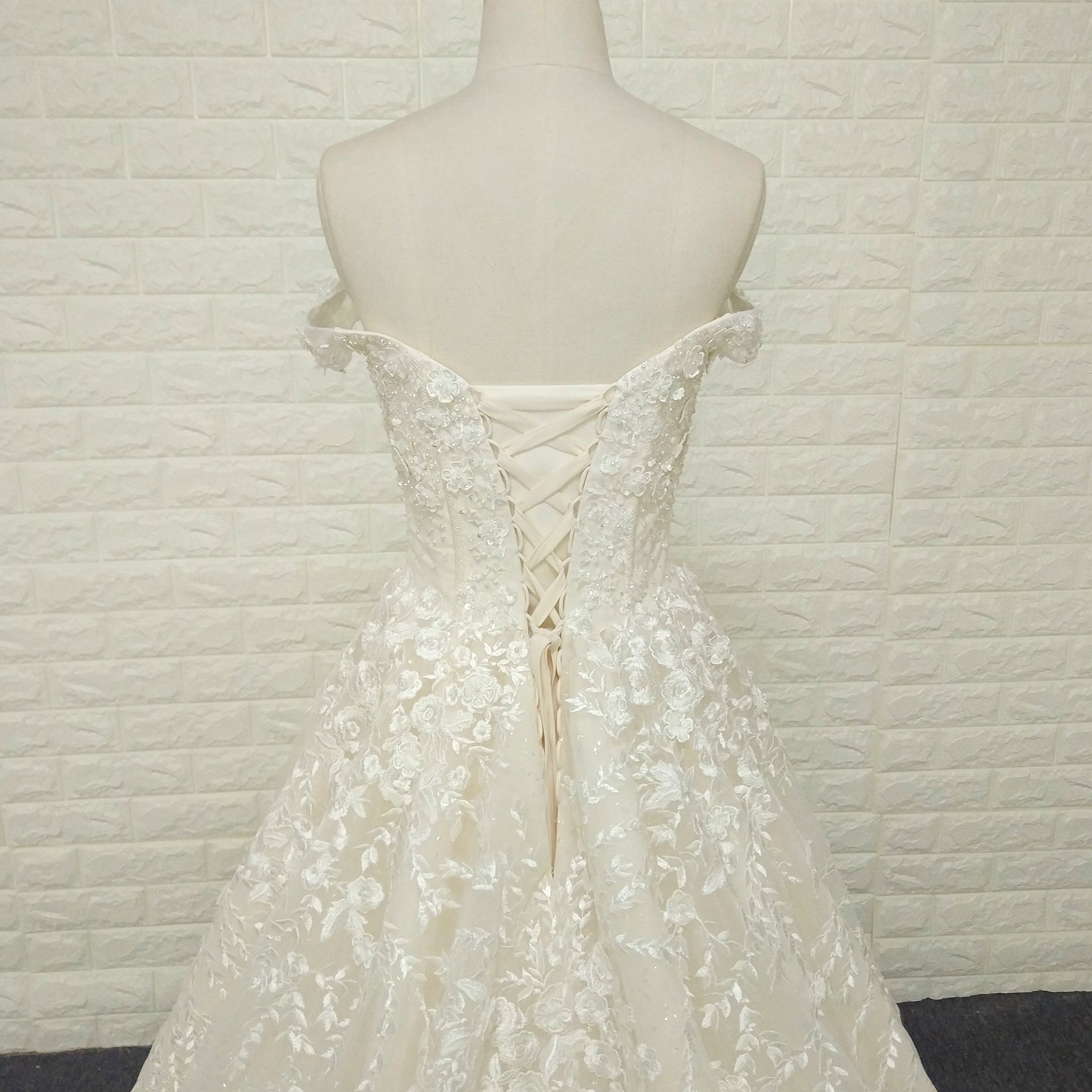 A-line Off the Shoulder Lace Applique Wedding Dress with Pearls - Rosymae