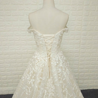 A-line Off the Shoulder Lace Applique Wedding Dress with Pearls - Rosymae