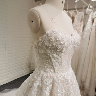 A-line Off the Shoulder Lace Applique Wedding Dress with Pearls - Rosymae