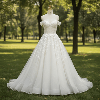 A-line Off the Shoulder Lace Applique Wedding Dress with Pearls - Rosymae