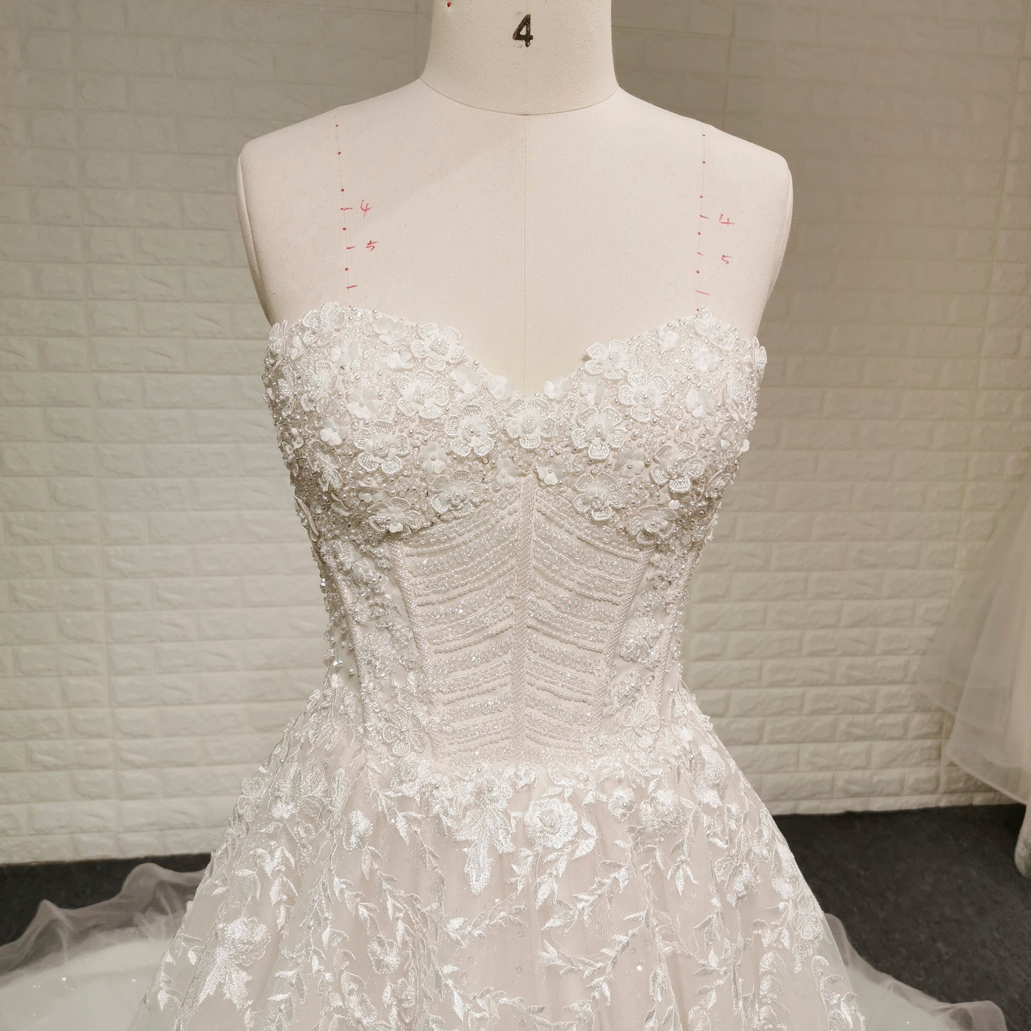 A-line Off the Shoulder Lace Applique Wedding Dress with Pearls - Rosymae