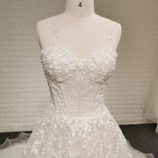 A-line Off the Shoulder Lace Applique Wedding Dress with Pearls - Rosymae