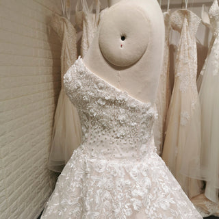 A-line Off the Shoulder Lace Applique Wedding Dress with Pearls - Rosymae