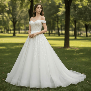 A-line Off the Shoulder Lace Applique Wedding Dress with Pearls - Rosymae