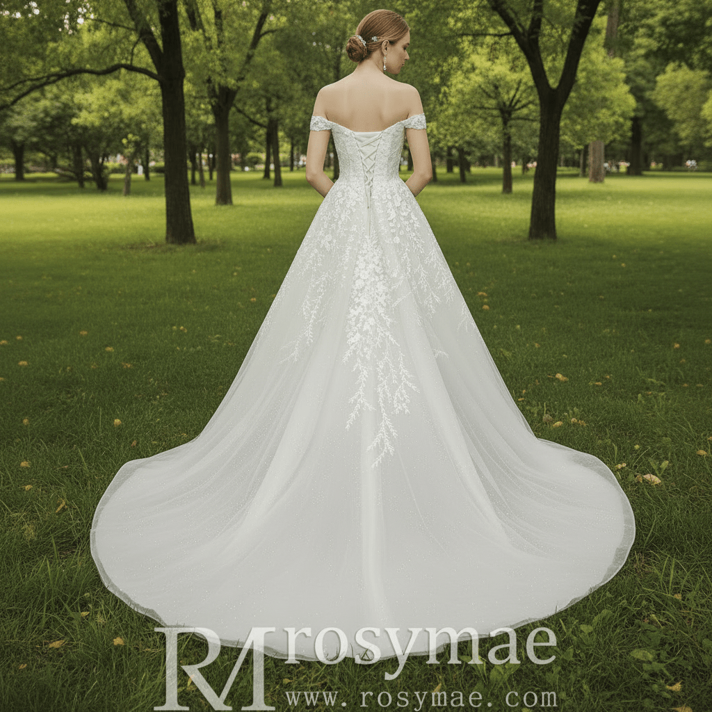 A-line Off the Shoulder Lace Applique Wedding Dress with Pearls - Rosymae