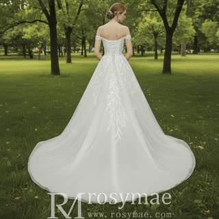 A-line Off the Shoulder Lace Applique Wedding Dress with Pearls - Rosymae