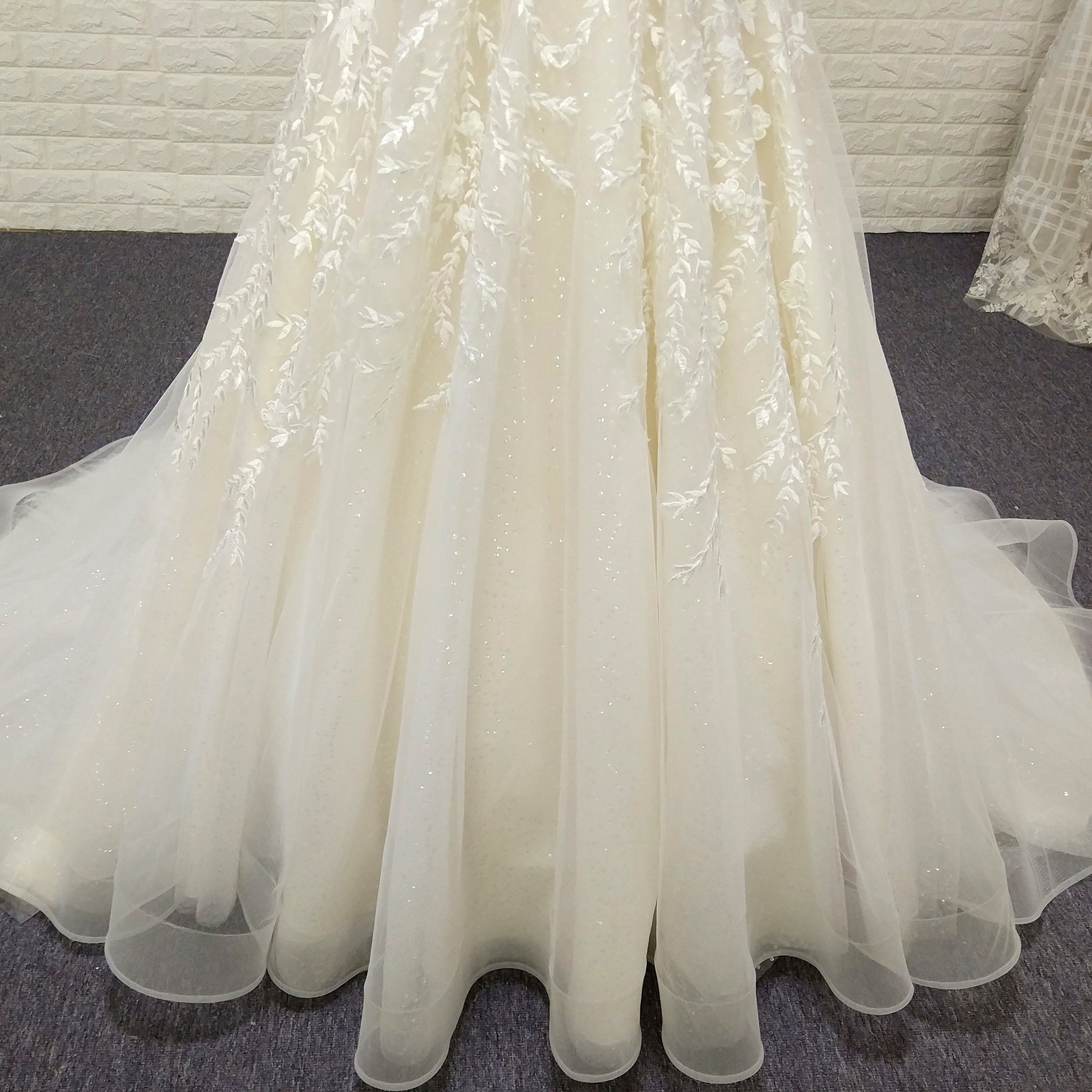A-line Off the Shoulder Lace Applique Wedding Dress with Pearls - Rosymae