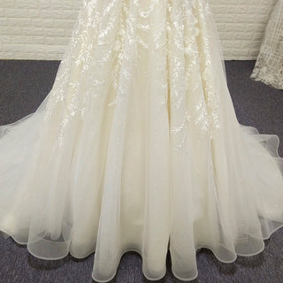 A-line Off the Shoulder Lace Applique Wedding Dress with Pearls - Rosymae