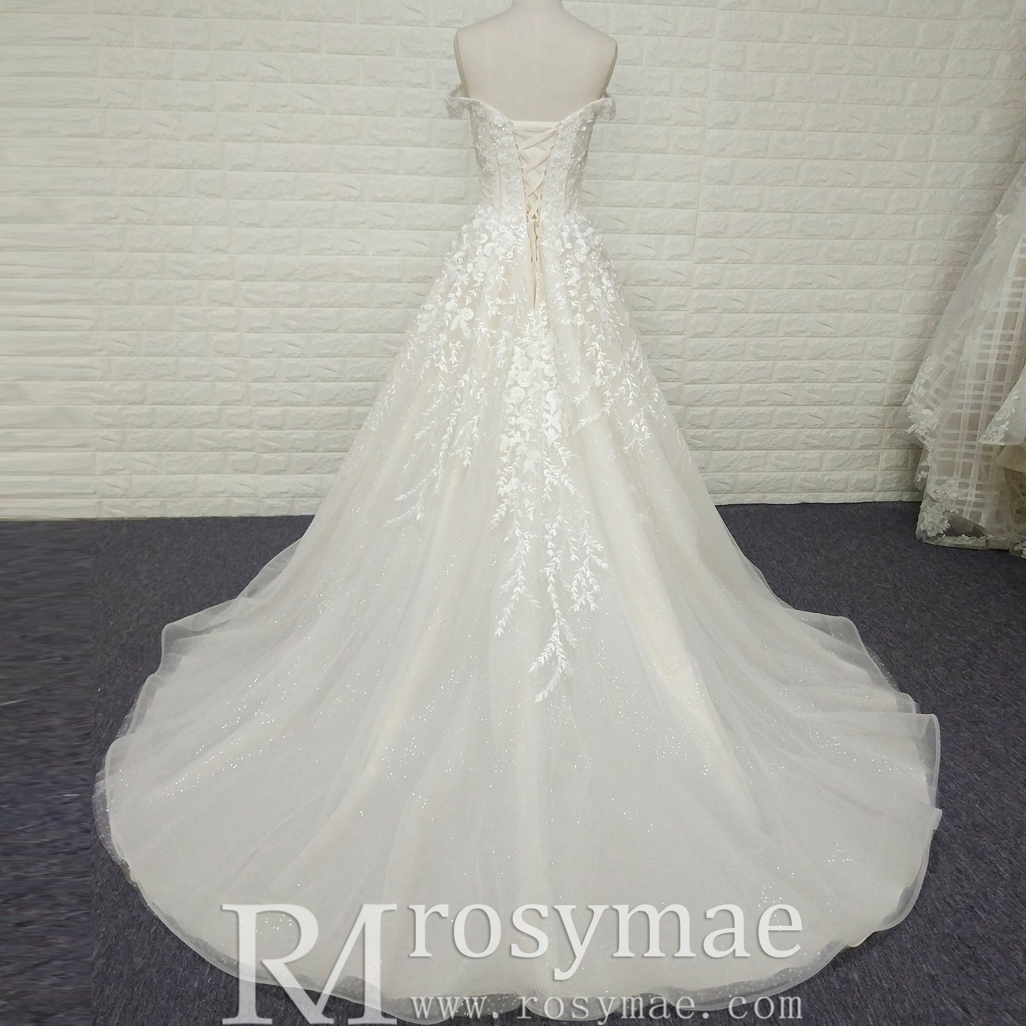 A-line Off the Shoulder Lace Applique Wedding Dress with Pearls - Rosymae