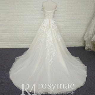 A-line Off the Shoulder Lace Applique Wedding Dress with Pearls - Rosymae
