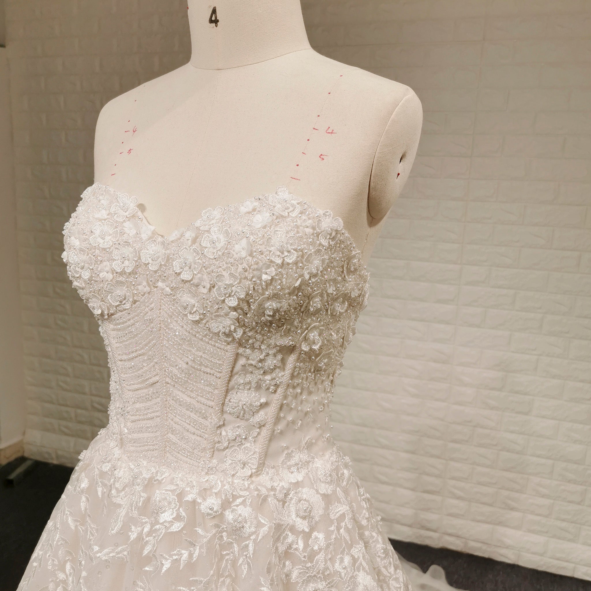 A-line Off the Shoulder Lace Applique Wedding Dress with Pearls - Rosymae