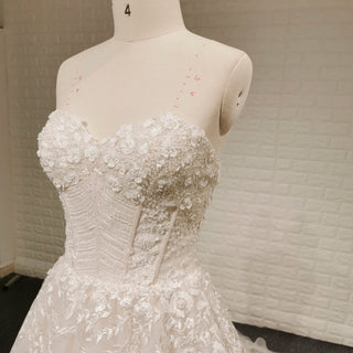 A-line Off the Shoulder Lace Applique Wedding Dress with Pearls - Rosymae