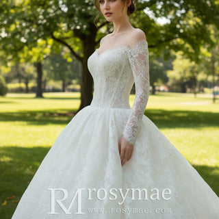 A-Line Off-the-Shoulder Long Sleeves Lace Wedding Dresses - Rosymae