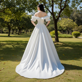 Satin A-line Off the Shoulder Wedding Dress with Asymmetric Neck
