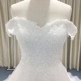 Off Shoulder Sheer Bodice Beaded A-line Wedding Dress with 3D Flower