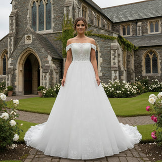 Off Shoulder Sheer Bodice Beaded A-line Wedding Dress with 3D Flower Rosymae Off Shoulder Sheer Bodice Beaded A-line Wedding Dress with 3D Flower Rosymae