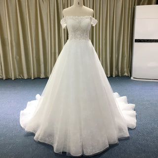 Off Shoulder Sheer Bodice Beaded A-line Wedding Dress with 3D Flower