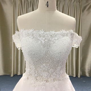Off Shoulder Sheer Bodice Beaded A-line Wedding Dress with 3D Flower Rosymae Off Shoulder Sheer Bodice Beaded A-line Wedding Dress with 3D Flower Rosymae