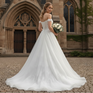 Off Shoulder Sheer Bodice Beaded A-line Wedding Dress with 3D Flower