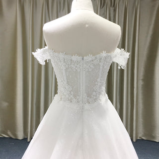 Off Shoulder Sheer Bodice Beaded A-line Wedding Dress with 3D Flower