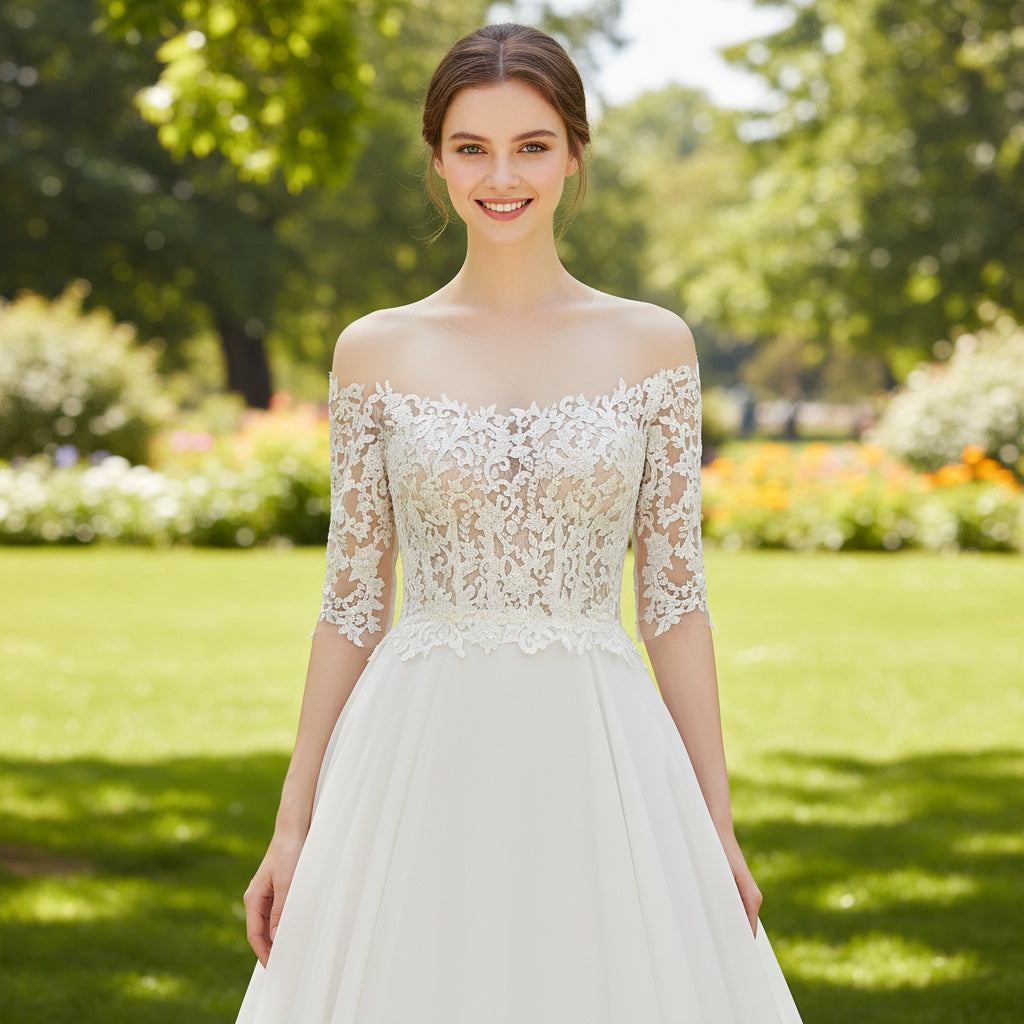 Sheer Off Shoulder Half Sleeve A-line Wedding Dress for Bride Rosymae Sheer Off Shoulder Half Sleeve A-line Wedding Dress for Bride Rosymae