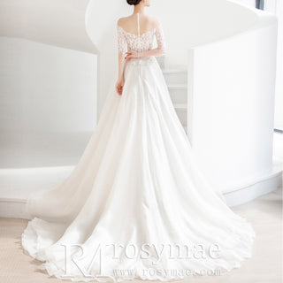Sheer Off Shoulder Half Sleeve A-line Wedding Dress for Bride
