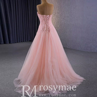 A-line Pink Strapless Prom Dress Beaded Tulle Formal Gown - Rosymae