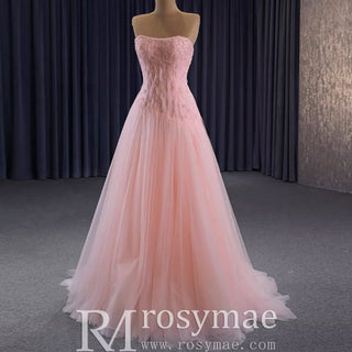 A-line Pink Strapless Prom Dress Beaded Tulle Formal Gown - Rosymae