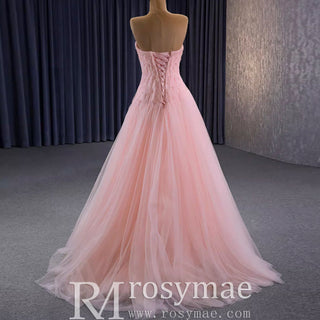 A-line Pink Strapless Prom Dress Beaded Tulle Formal Gown - Rosymae