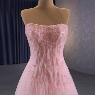 A-line Pink Strapless Prom Dress Beaded Tulle Formal Gown - Rosymae