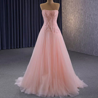 A-line Pink Strapless Prom Dress Beaded Tulle Formal Gown - Rosymae