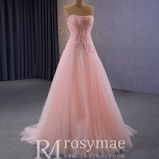 A-line Pink Strapless Prom Dress Beaded Tulle Formal Gown - Rosymae