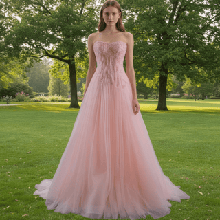 A-line Pink Strapless Prom Dress Beaded Tulle Formal Gown - Rosymae