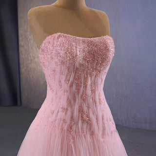 A-line Pink Strapless Prom Dress Beaded Tulle Formal Gown - Rosymae