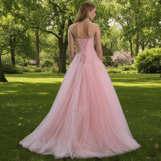 A-line Pink Strapless Prom Dress Beaded Tulle Formal Gown - Rosymae