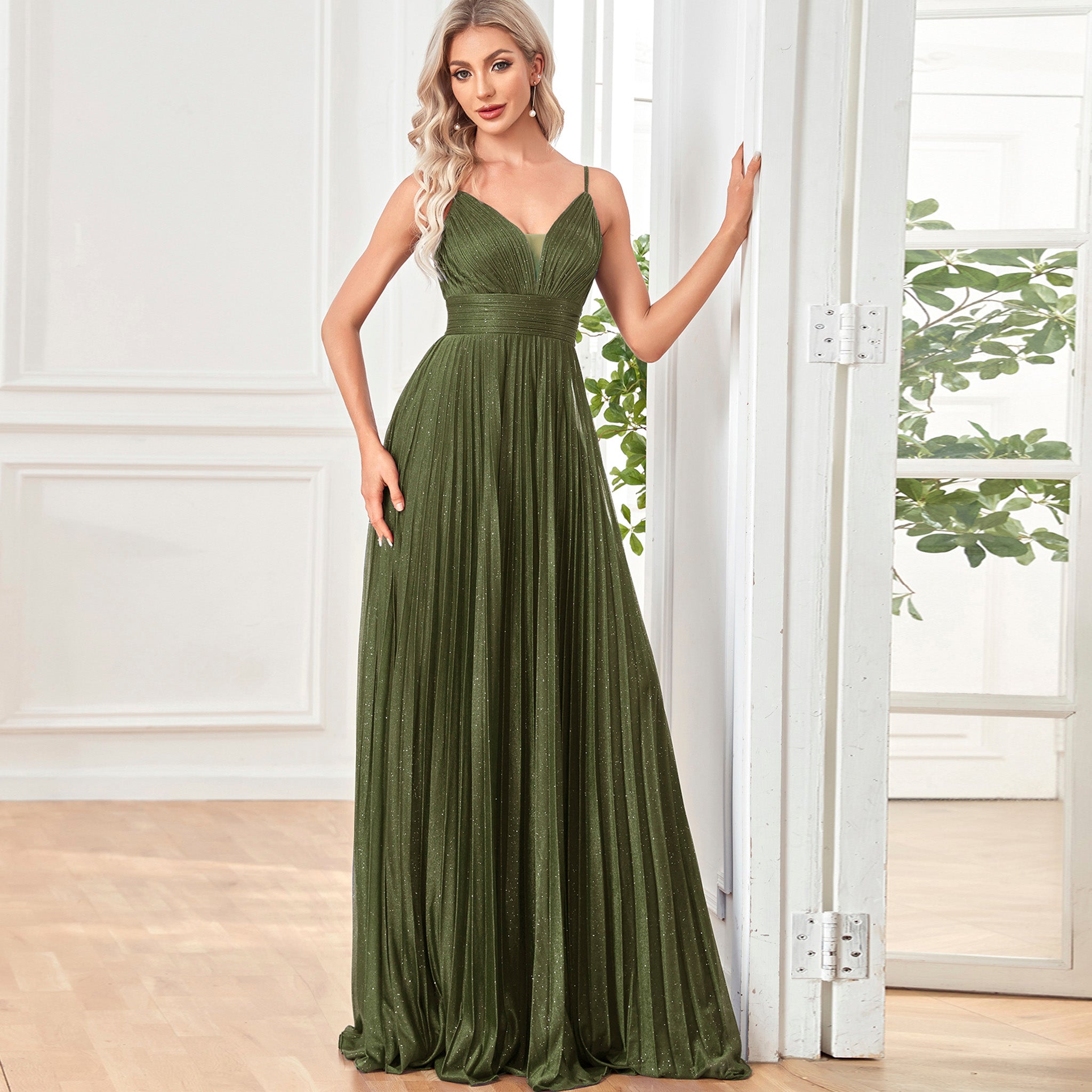 V-neck Pleated Formal Prom Gown Empire Waist Evening Dress with Spaghe Rosymae V-neck Pleated Formal Prom Gown Empire Waist Evening Dress with Spaghe Rosymae