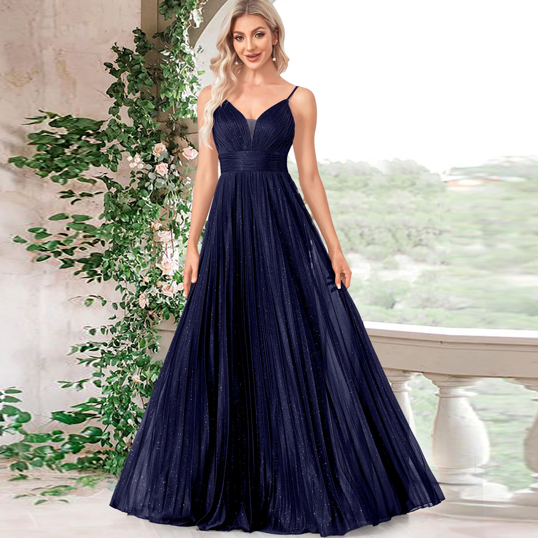 evening dress empire waist V-neck Pleated Formal Prom Gown Empire Waist Evening Dress with Spaghetti Strap Navy Blue / M