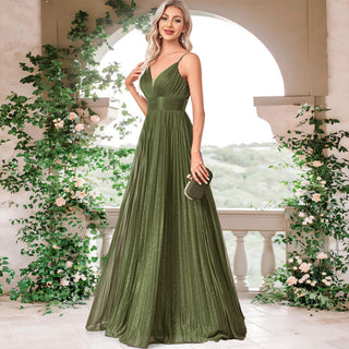 V-neck Pleated Formal Prom Gown Empire Waist Evening Dress with Spaghetti Strap Olive / M V-neck Pleated Formal Prom Gown Empire Waist Evening Dress with Spaghetti Strap Olive / M