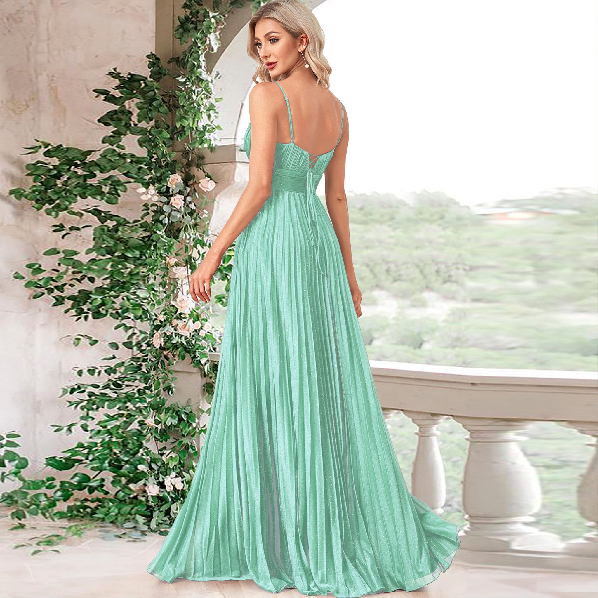 V-neck Pleated Formal Prom Gown Empire Waist Evening Dress with Spaghetti Strap Mint / S V-neck Pleated Formal Prom Gown Empire Waist Evening Dress with Spaghetti Strap Mint / S