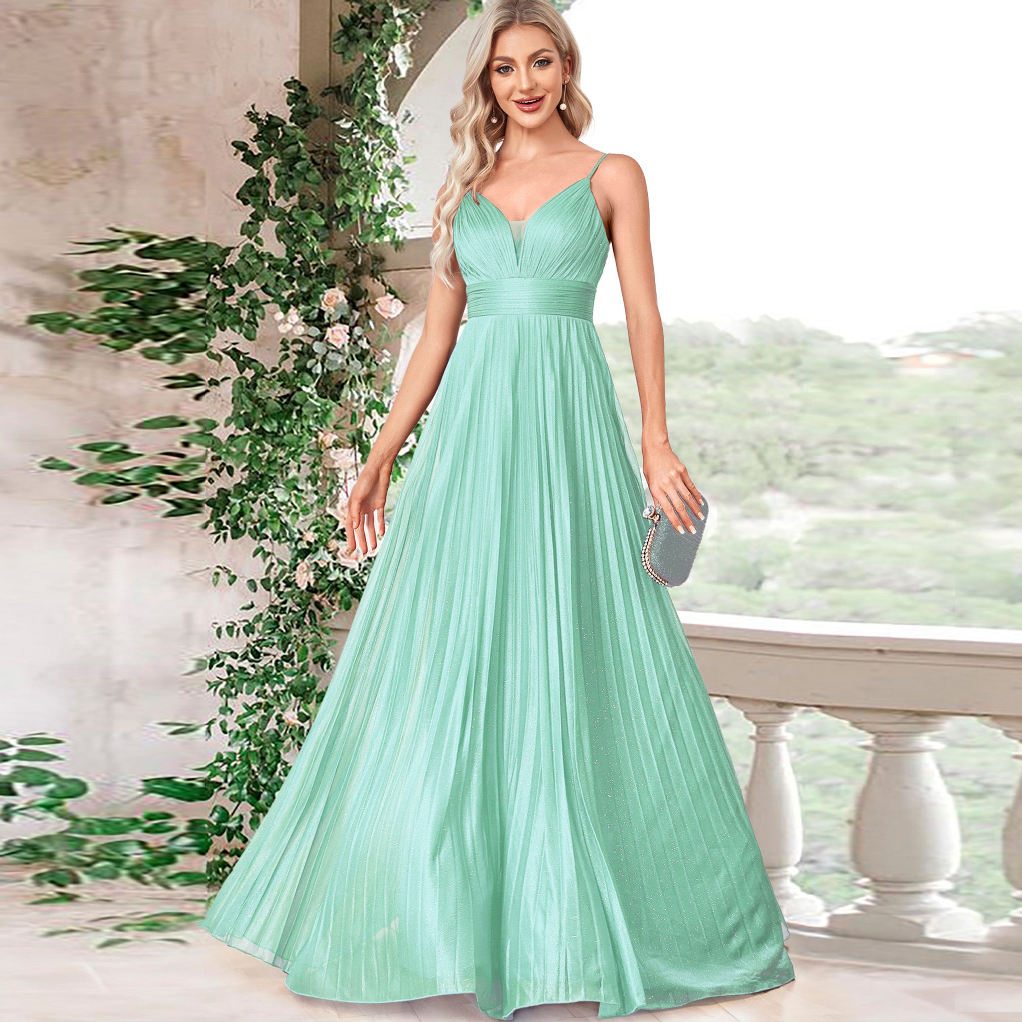 V-Neck Pleated Formal Prom Gown Empire Waist Evening Dress with Spaghetti Strap Mint / S V-Neck Pleated Formal Prom Gown Empire Waist Evening Dress with Spaghetti Strap Mint / S