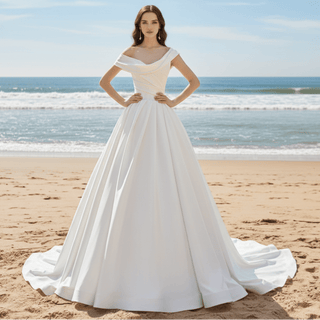A-line Ruched Satin Wedding Dress with Capped Off the Shoulder Sleeve - Rosymae