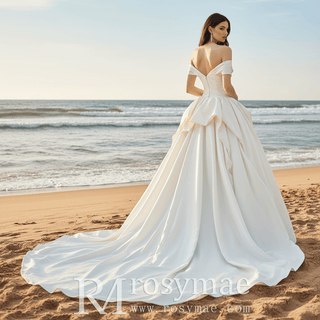 A-line Ruched Satin Wedding Dress with Capped Off the Shoulder Sleeve - Rosymae