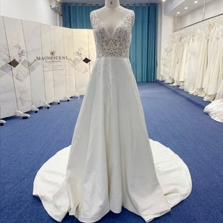 A-line Satin and Lace Sheer Bodice Wedding Dress with Vneck - Rosymae