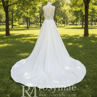 A-line Satin and Lace Sheer Bodice Wedding Dress with Vneck - Rosymae