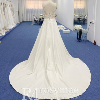 A-line Satin and Lace Sheer Bodice Wedding Dress with Vneck - Rosymae