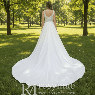 A-line Satin and Lace Sheer Bodice Wedding Dress with Vneck - Rosymae