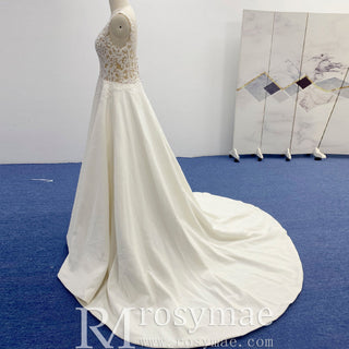 A-line Satin and Lace Sheer Bodice Wedding Dress with Vneck - Rosymae